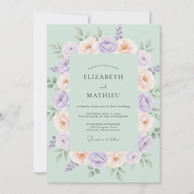 Convite Casamento Romântico em Verde Pastel Menta (Frente)