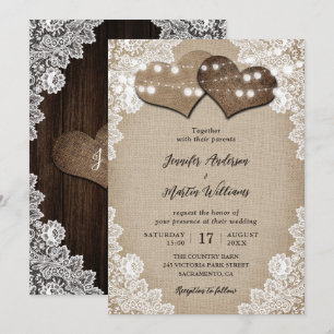 Convite Casamento Romântico entre Burlap e Lace String Li