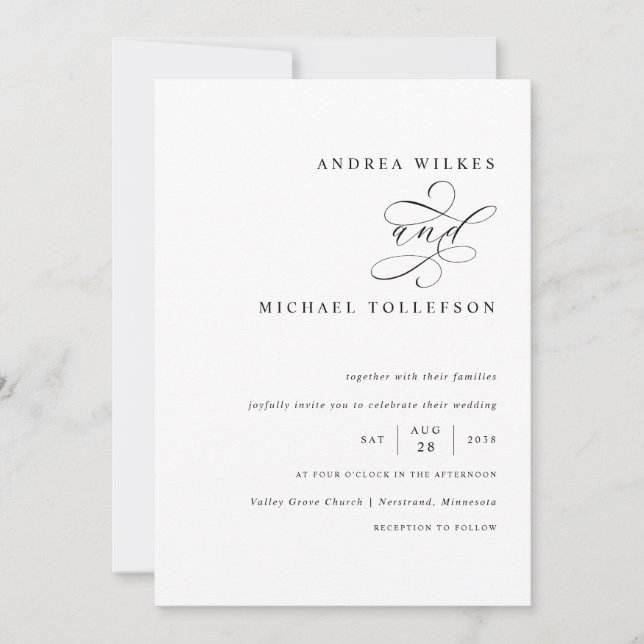 Convite Casamento romântico entre caligrafia negra e branc (Frente)