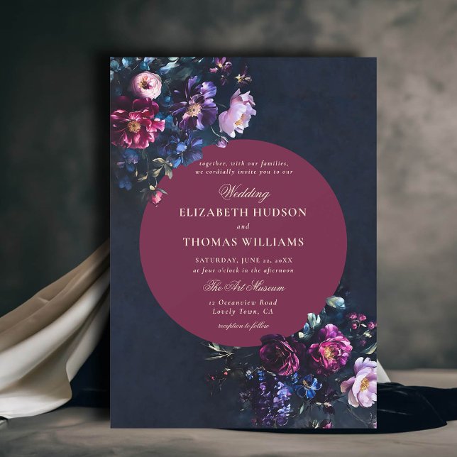 Convite Casamento Romântico Escuro - Florestas Jewel Burgu (dark moody romantic wedding invitation gothic florals jewel tones burgundy black emerald romance)