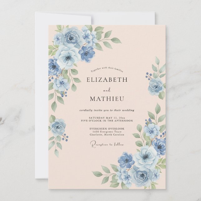Convite Casamento Romântico Esplêndido Azul Céu (Frente)