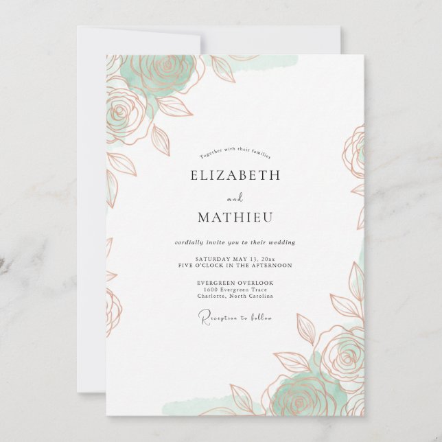 Convite Casamento Romântico Etéreo Verde Menta (Frente)