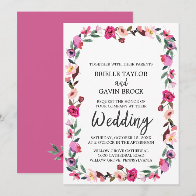 Convite Casamento Romântico Fairytale Blossom Wreath (Frente/Verso)