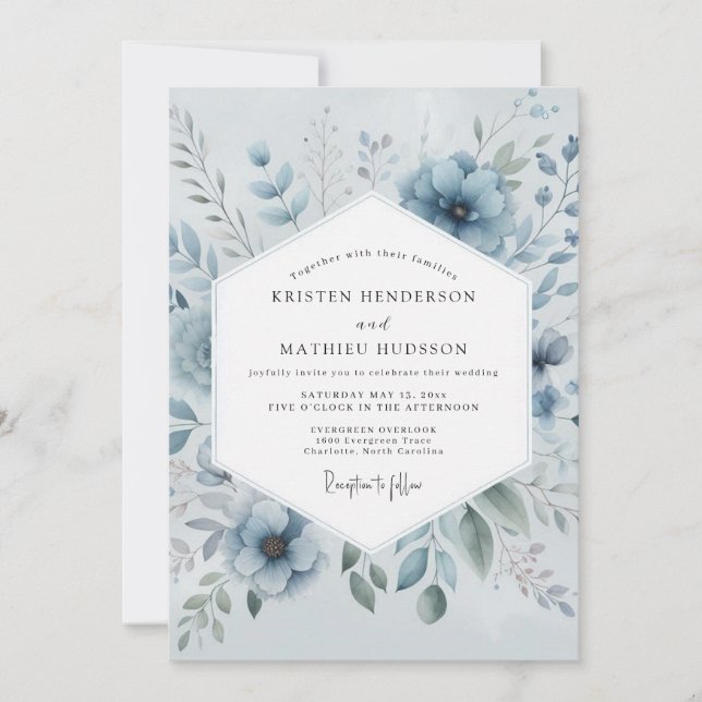 Convite Casamento Romântico Flor Azul (Frente)