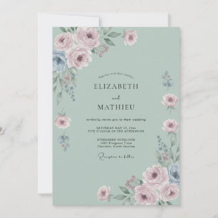 Convite Casamento Romântico Flor de Azul Empoeirado