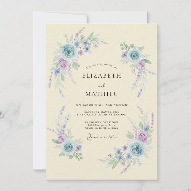 Convite Casamento Romântico Flor de Azul Pálido (Frente)