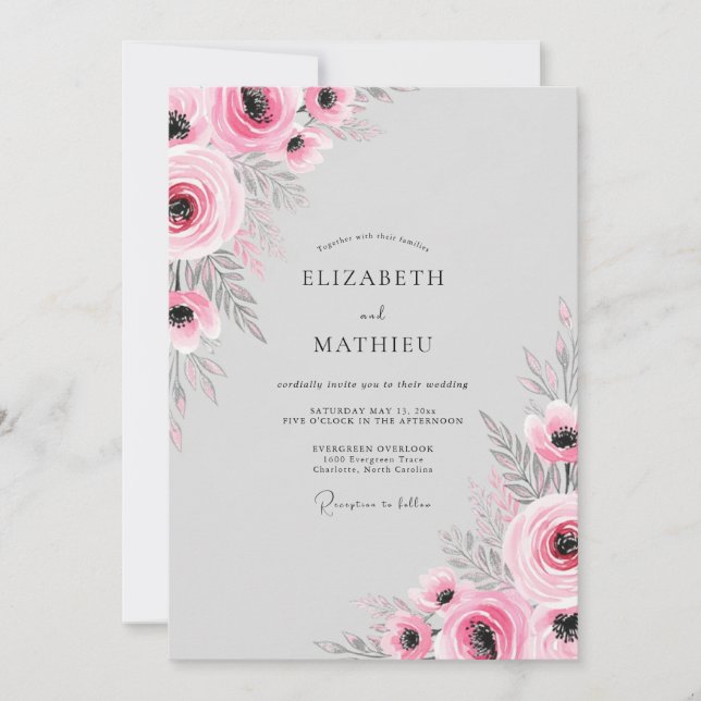 Convite Casamento Romântico Flor de Bloom Rosa Suave (Frente)