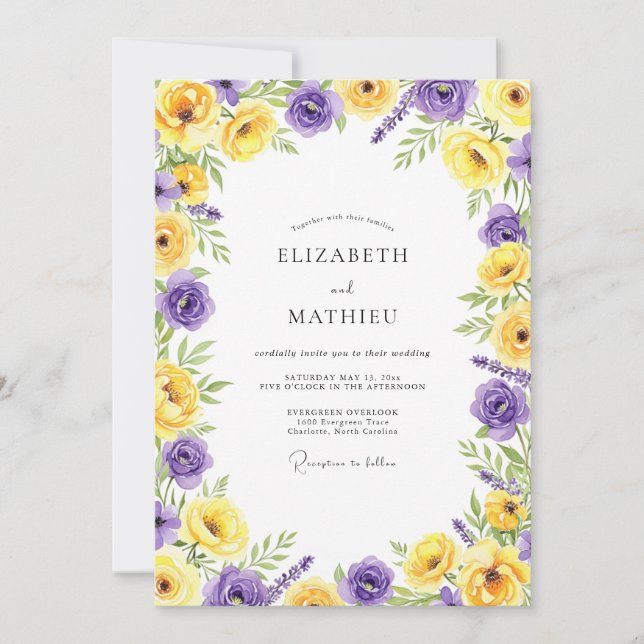 Convite Casamento Romântico Flor de Lilás e Amarelo (Frente)