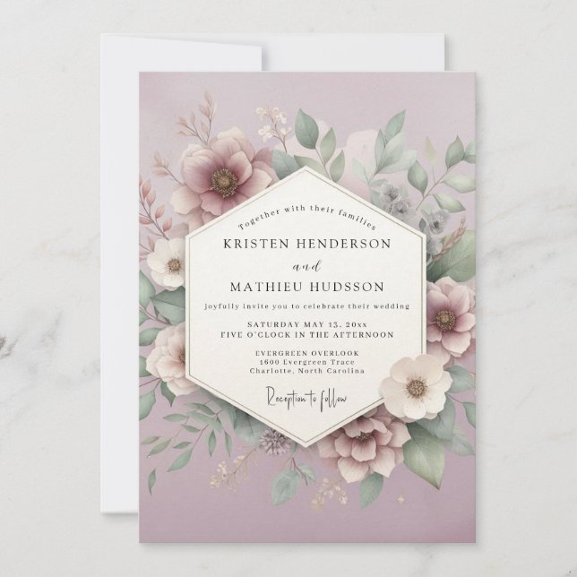 Convite Casamento Romântico Flor de Malva (Frente)