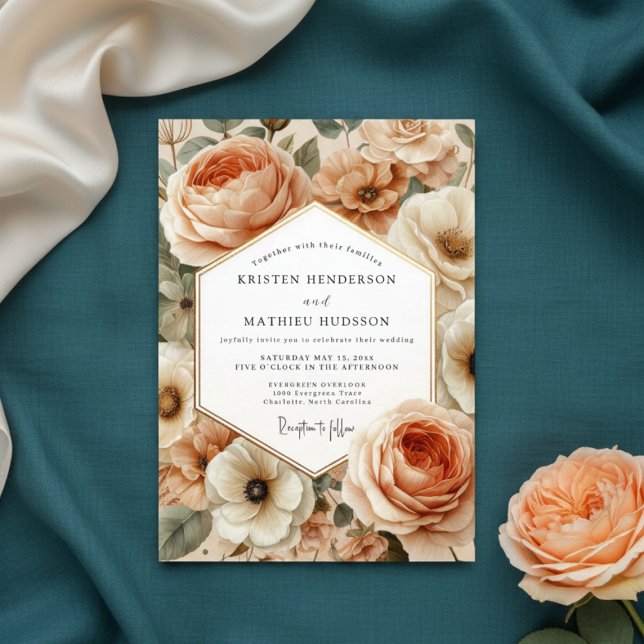Convite Casamento Romântico Flor de Pêssego (Criador carregado)