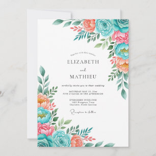 Convite Casamento Romântico Flor de Pêssego Azul
