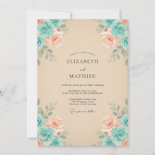 Convite Casamento Romântico Flor de Pêssego Azul-Celeste
