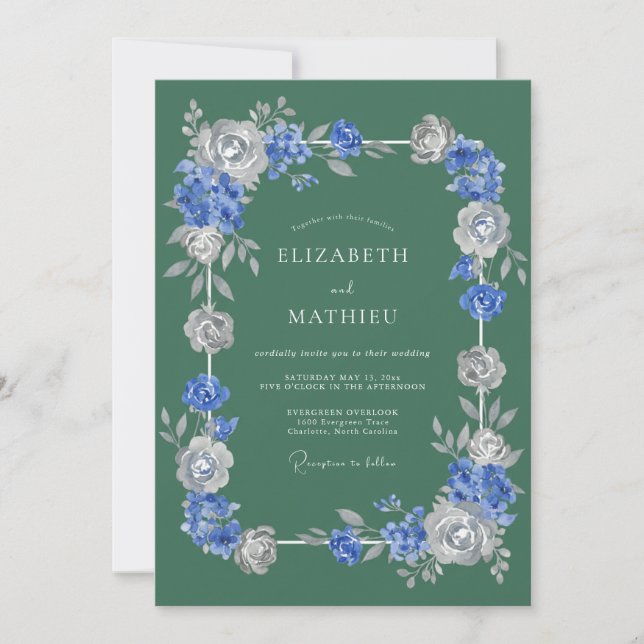 Convite Casamento Romântico Flor de Prata Azul (Frente)