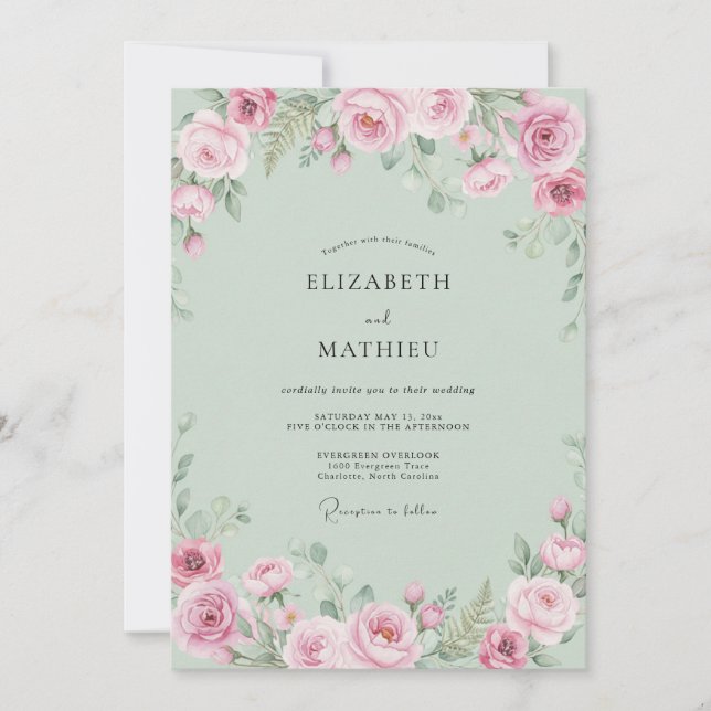 Convite Casamento Romântico Flor de Rosa Pálido (Frente)