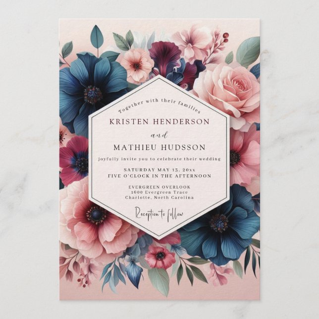 Convite Casamento Romântico Flor de Slate Blush (Frente)