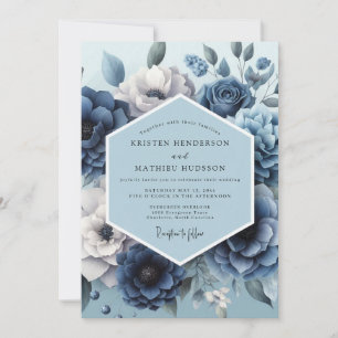 Convite Casamento Romântico Flora Azul Empoeirado