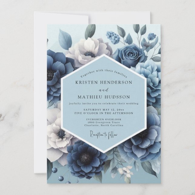 Convite Casamento Romântico Flora Azul Empoeirado (Frente)