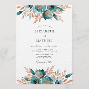 Convite Casamento Romântico Floral Abstrato em Verde Azul