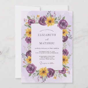 Convite Casamento Romântico Floral Amarelo Ameixa