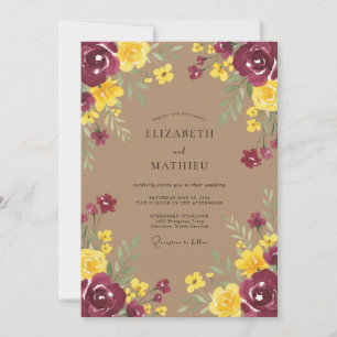 Convite Casamento Romântico Floral Amarelo Borgonha