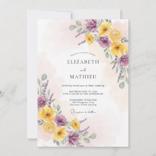 Convite Casamento Romântico Floral Amarelo Roxo