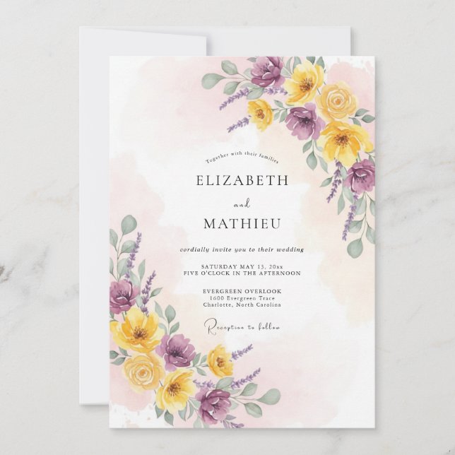 Convite Casamento Romântico Floral Amarelo Roxo (Frente)
