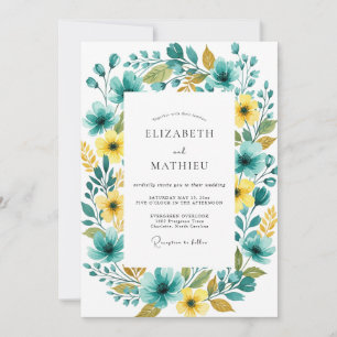 Convite Casamento Romântico Floral Amarelo Turquesa