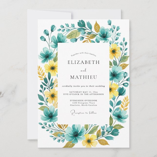 Convite Casamento Romântico Floral Amarelo Turquesa (Frente)