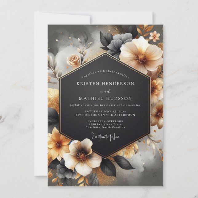 Convite Casamento Romântico Floral Âmbar Temperamental (Frente)