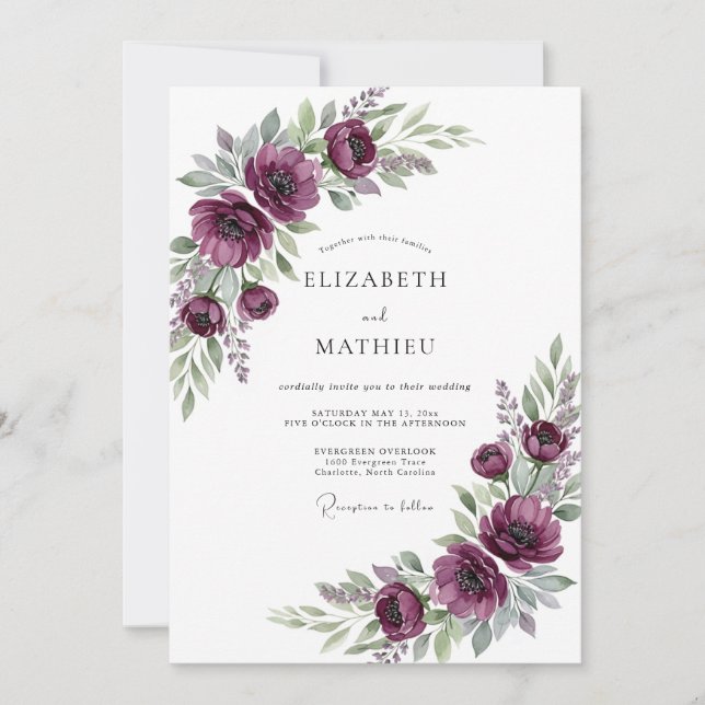 Convite Casamento Romântico Floral Ameixa (Frente)