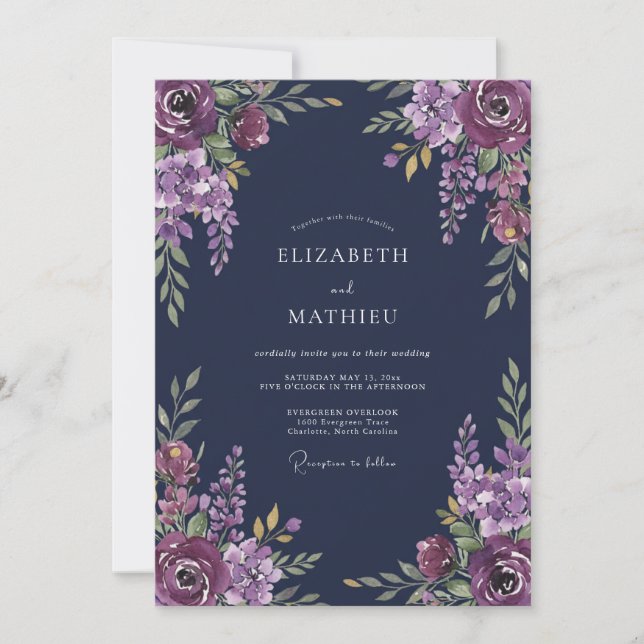 Convite Casamento Romântico Floral Ameixa Profunda (Frente)