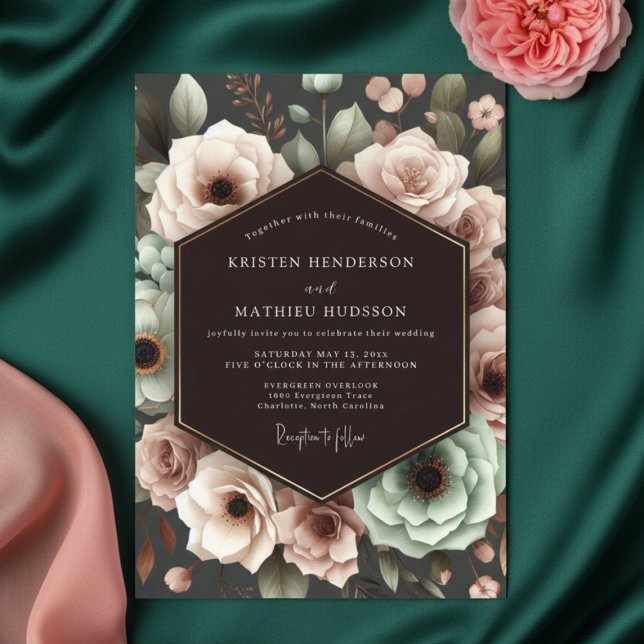 Convite Casamento Romântico Floral Ameixa Profunda (Criador carregado)