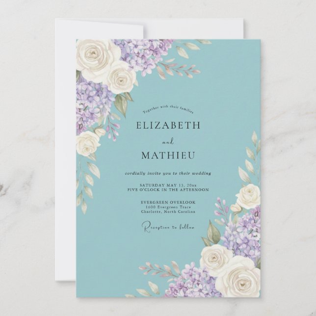 Convite Casamento Romântico Floral Aqua (Frente)