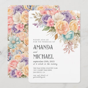 Convite Casamento Romântico Floral Arco-íris Pastel