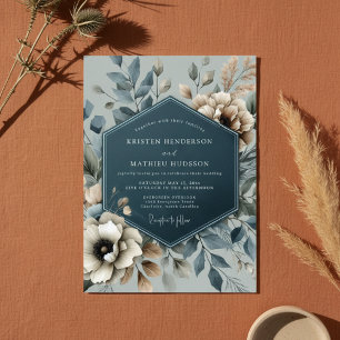 Convite Casamento Romântico Floral Azul Ardósia