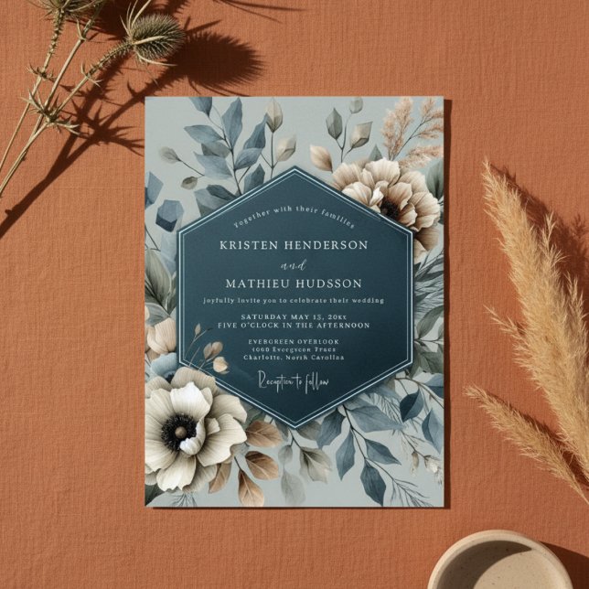 Convite Casamento Romântico Floral Azul Ardósia (Criador carregado)