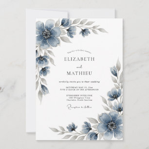 Convite Casamento Romântico Floral Azul Ardósia