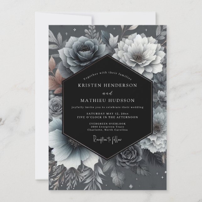 Convite Casamento Romântico Floral Azul Arraste Moody (Frente)