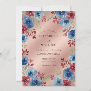 Convite Casamento Romântico Floral Azul Carmesim