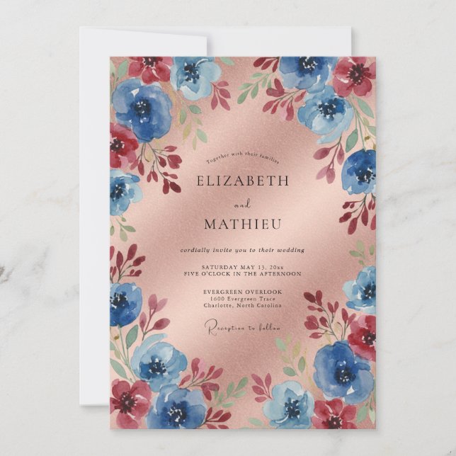 Convite Casamento Romântico Floral Azul Carmesim (Frente)