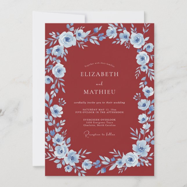 Convite Casamento Romântico Floral Azul Carmesim (Frente)
