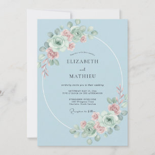 Convite Casamento Romântico Floral Azul Céu