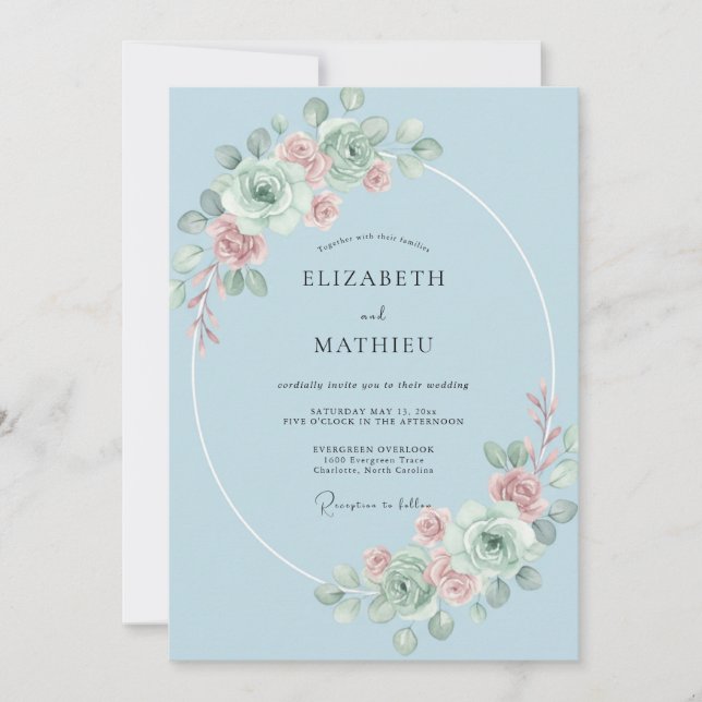 Convite Casamento Romântico Floral Azul Céu (Frente)