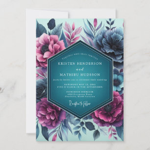 Convite Casamento Romântico Floral Azul-Cinzento