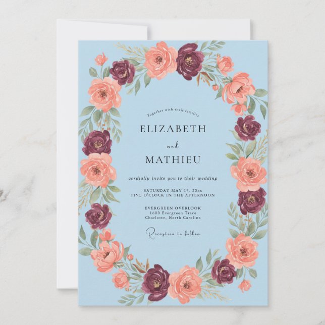 Convite Casamento Romântico Floral Azul Claro (Frente)