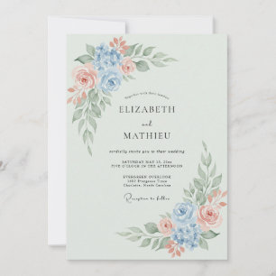 Convite Casamento Romântico Floral Azul Claro