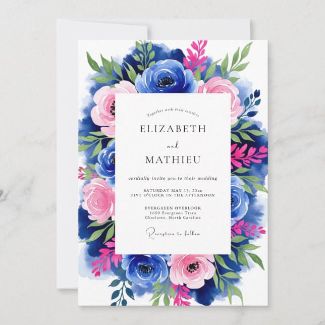 Convite Casamento Romântico Floral Azul Cobalto (Frente)