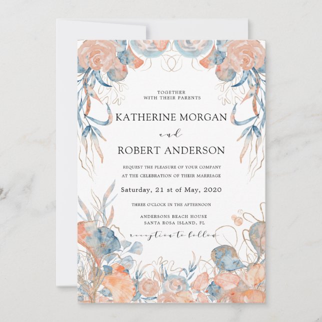 Convite Casamento romântico floral azul-coral (Frente)