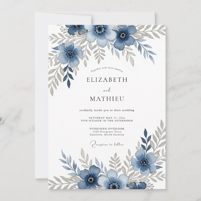 Convite Casamento Romântico Floral Azul Desbotado (Frente)