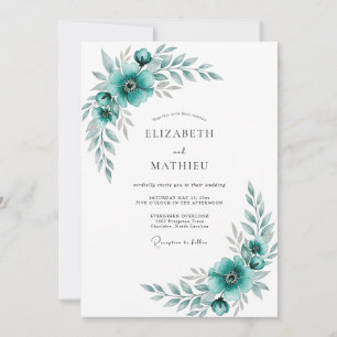 Convite Casamento Romântico Floral Azul Elegante